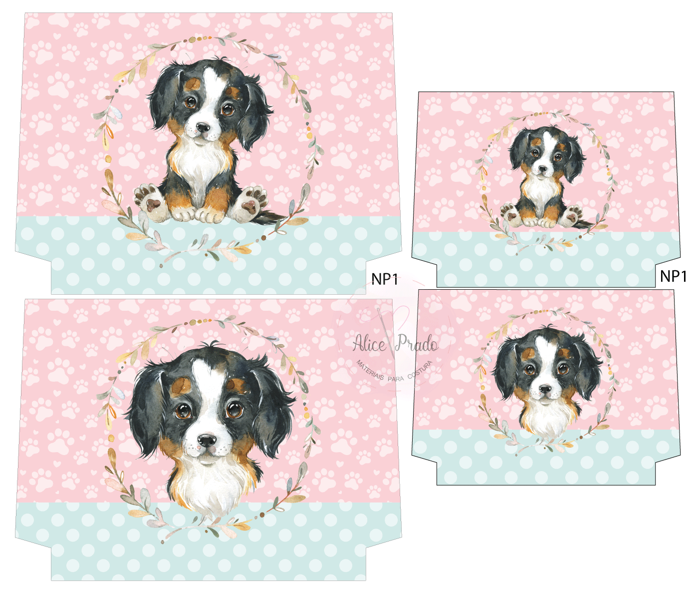 Caixas de papel rosa e azul com ilustração de cão e padrão de patas e bolinhas.