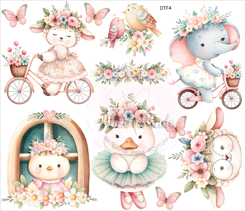 Desenhos infantis de animais com flores e bicicletas em tons pastel