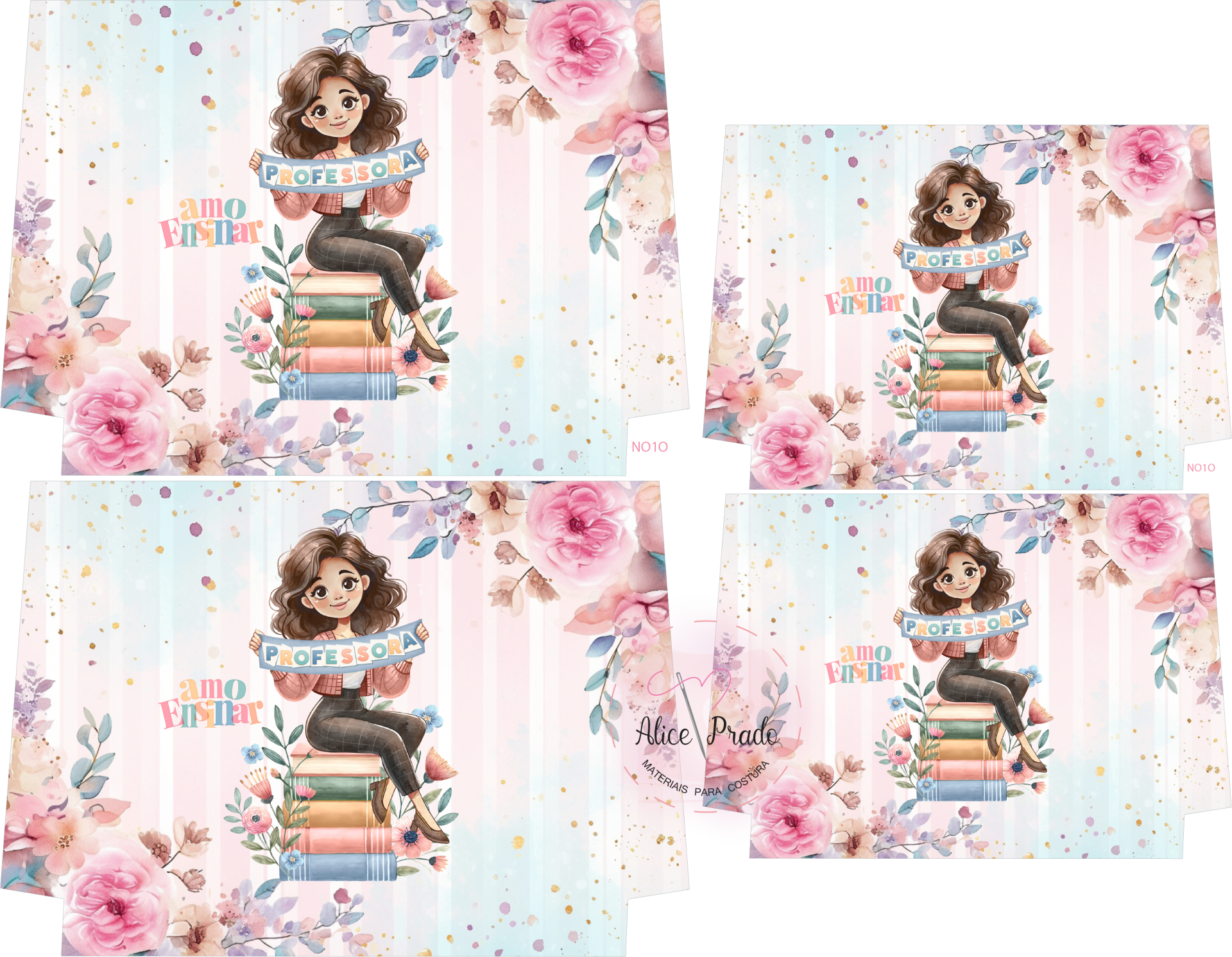 Papel decorativo com ilustração de mulher sentada em livros e textos 