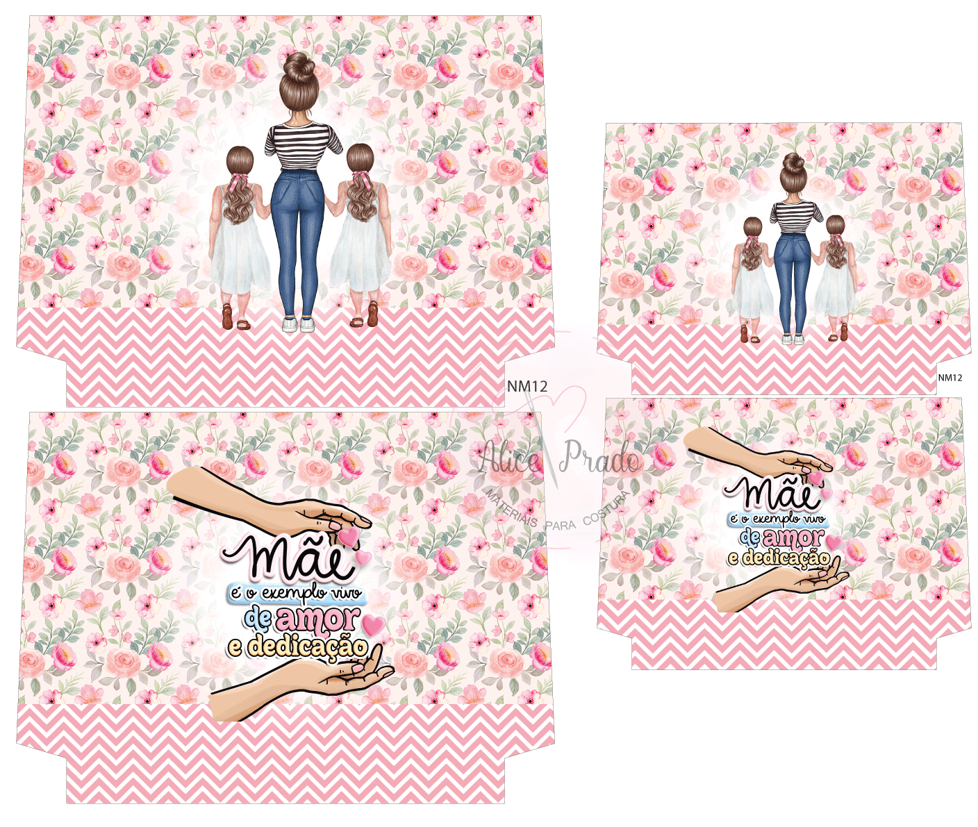 Conjunto de tecidos decorativos com padrão floral, zig-zag e ilustrações de mãe e crianças com texto sobre amor e dedicação materna.