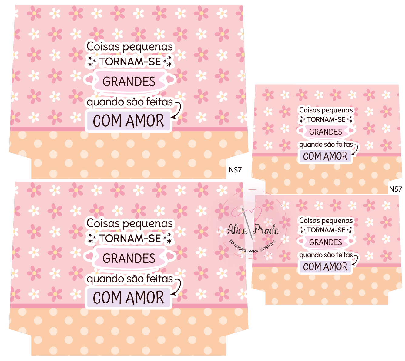 Etiquetas rosa com flores e bolinhas com texto em português sobre amor