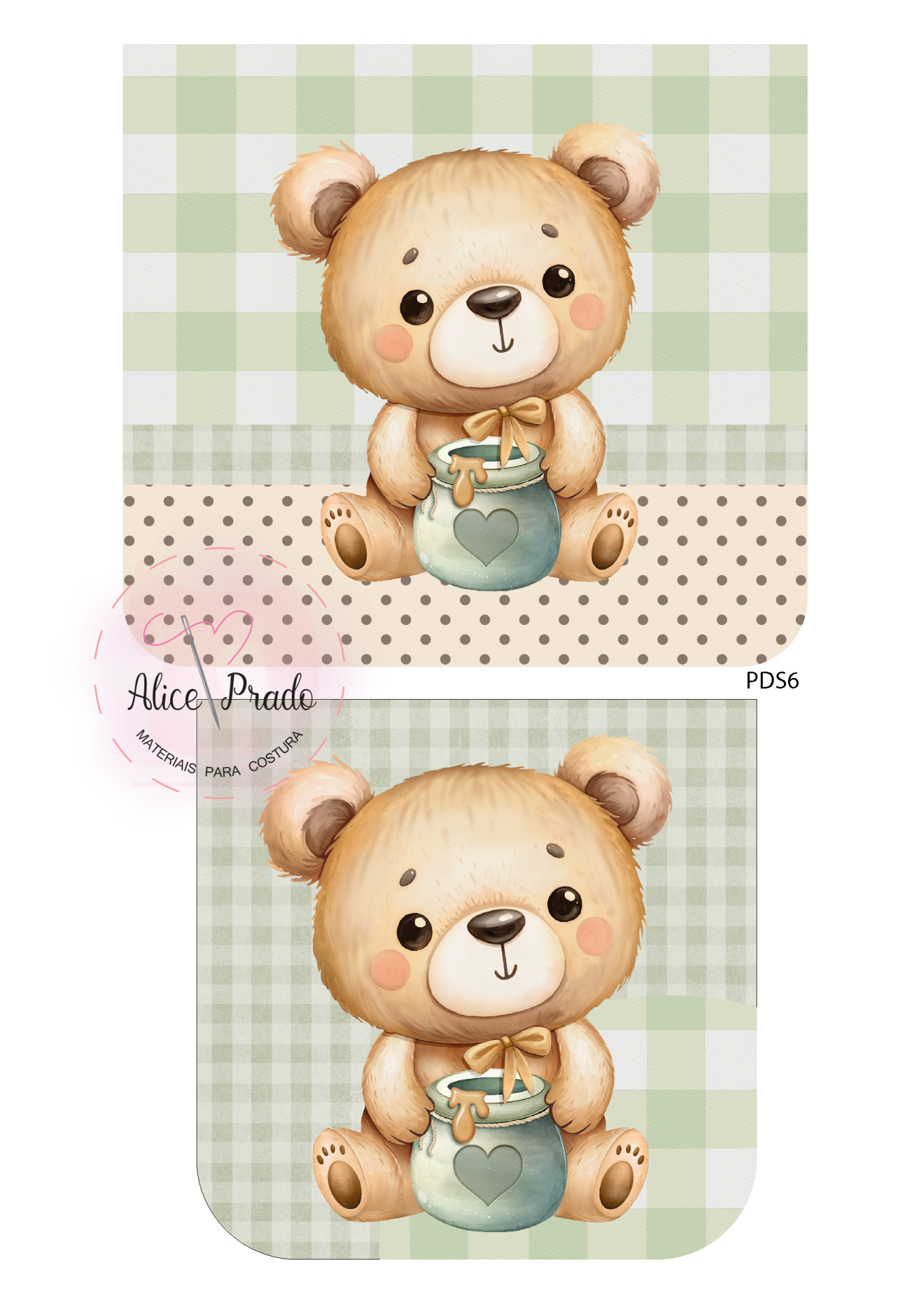Ilustração de urso de pelúcia com pote e fundo xadrez e bolinhas