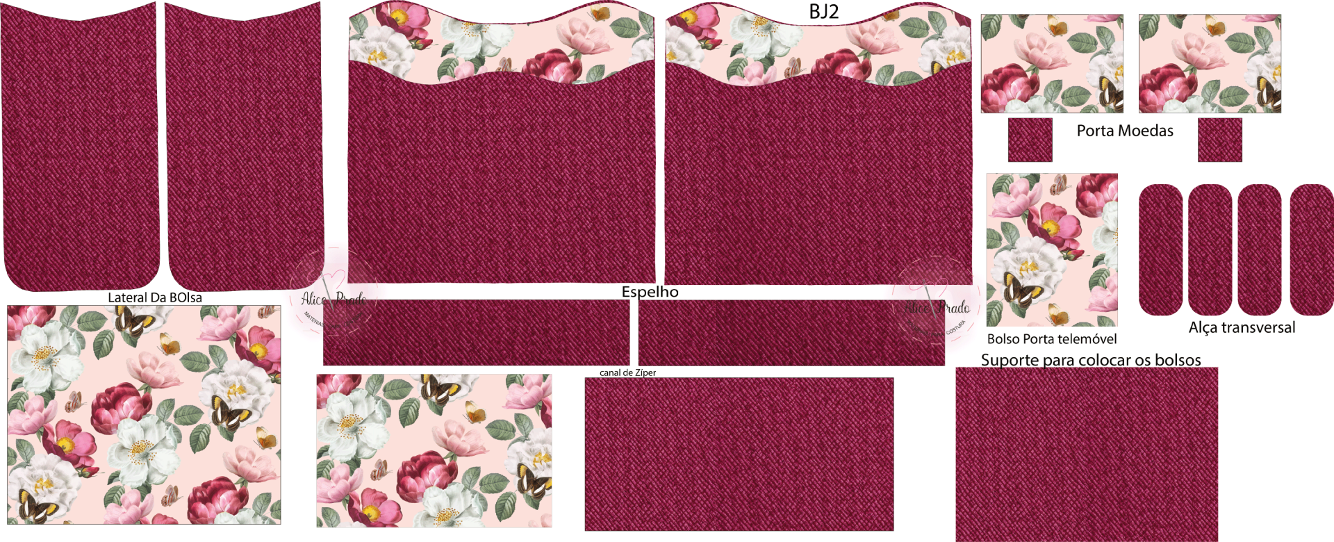 Conjunto de tecidos florais e vermelhos com etiquetas e nomeações em português