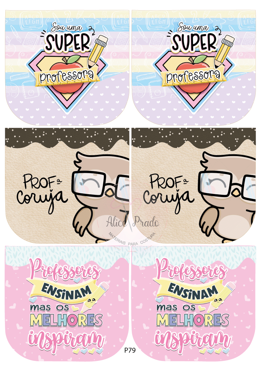 Três conjuntos de imagens decorativas com temas de educação e professores, incluindo textos em português e desenhos coloridos.