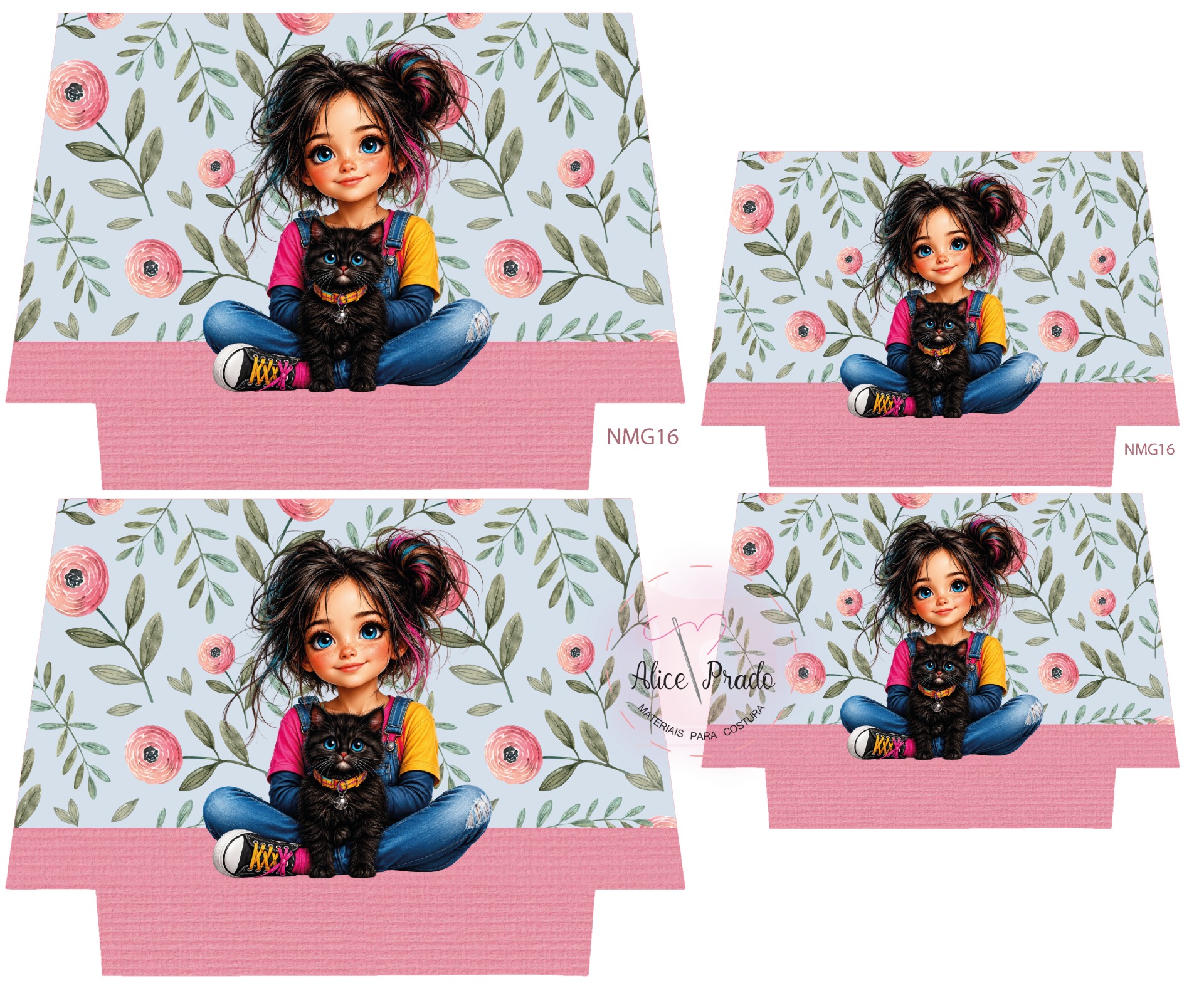 Padrões têxteis com ilustração de menina e gato em fundo floral azul
