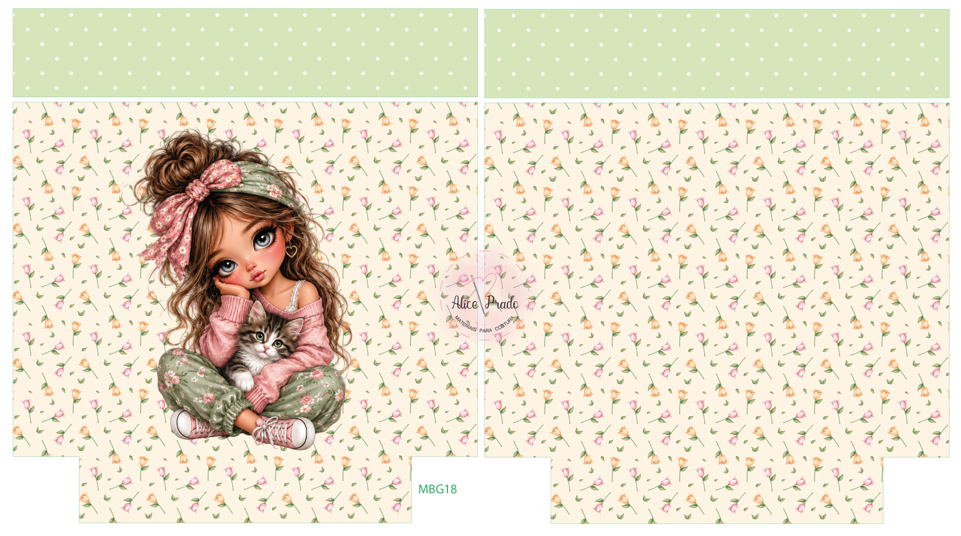Embalagem com padrão floral e ilustração de menina com gato.