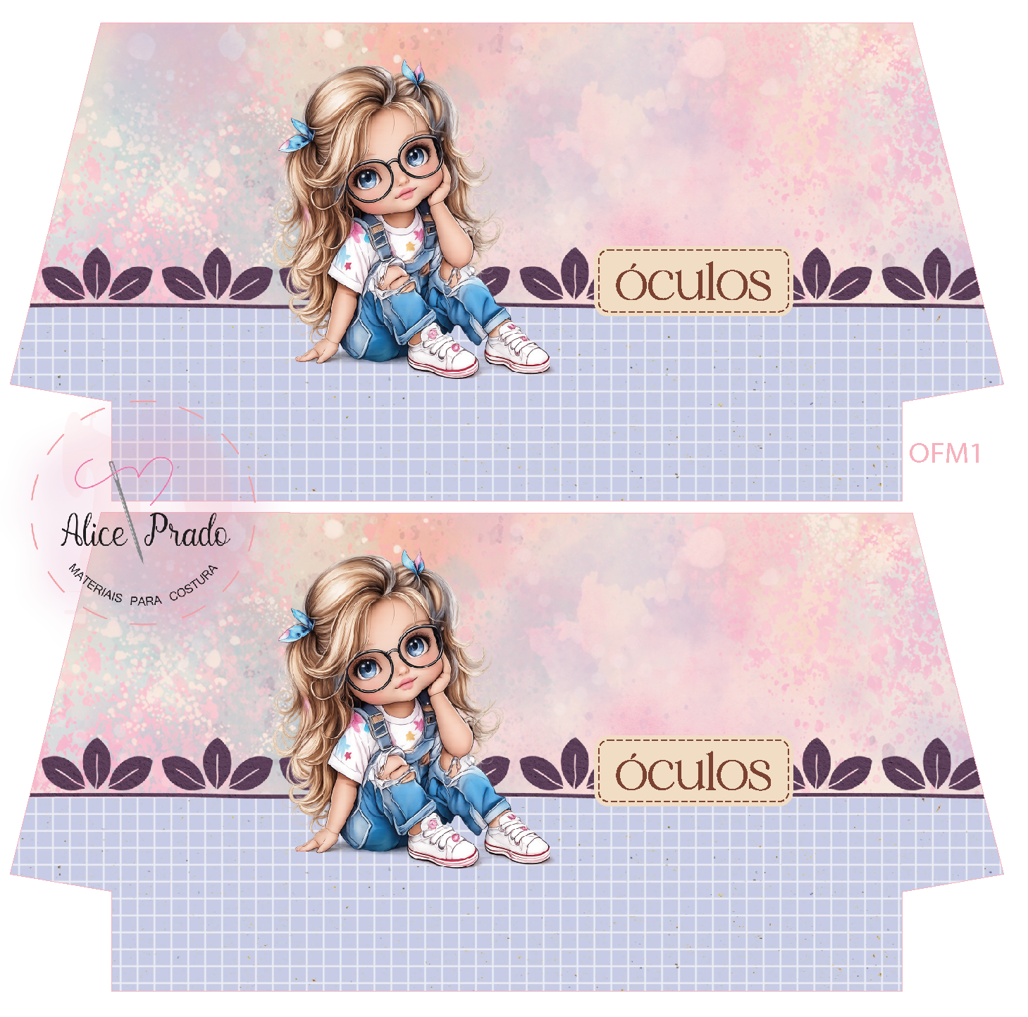 Ilustração de menina loira com óculos sentada com fundo quadriculado azul e rosa