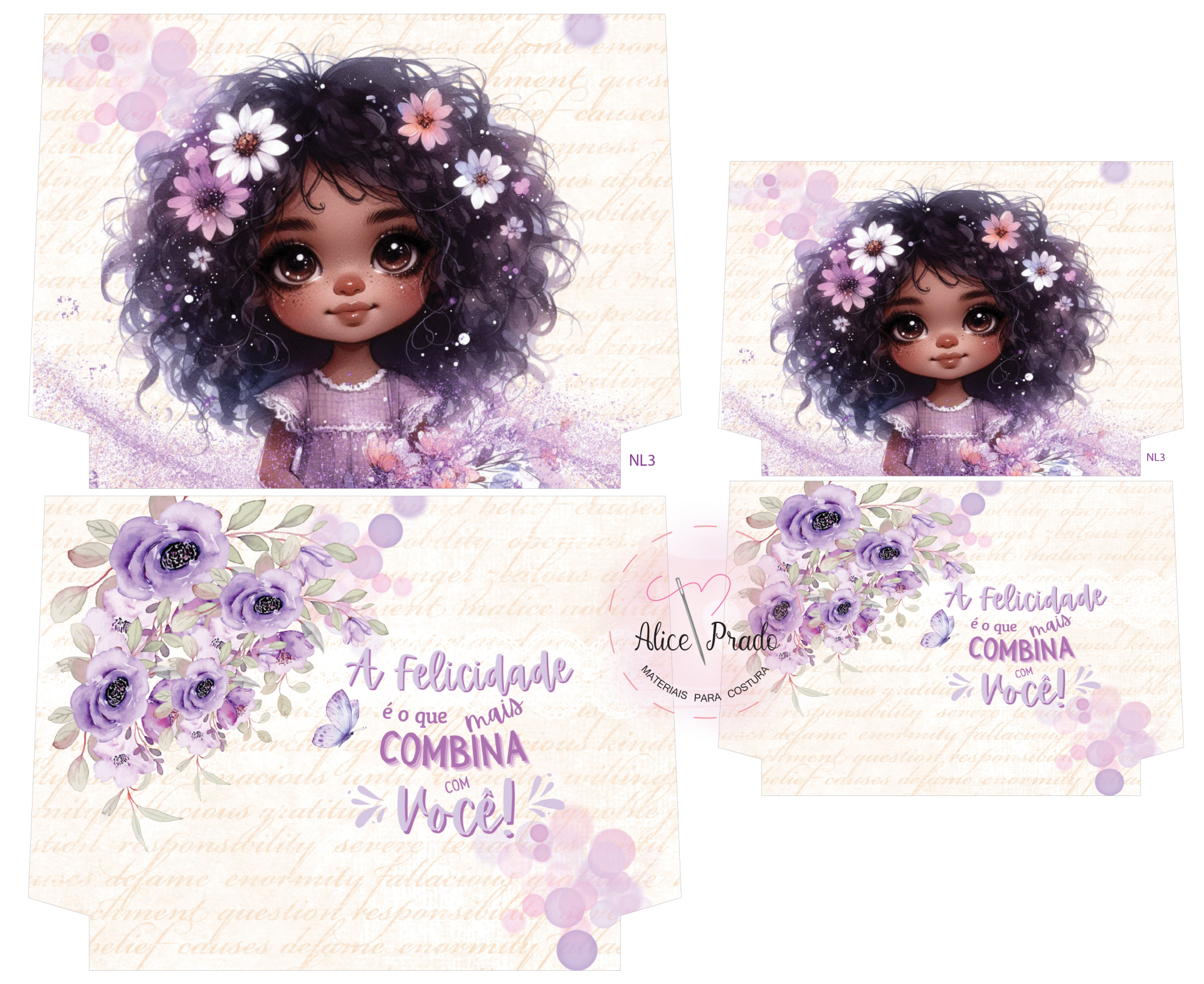 Ilustração de rapariga com flores no cabelo e cartão com mensagem e flores lilases