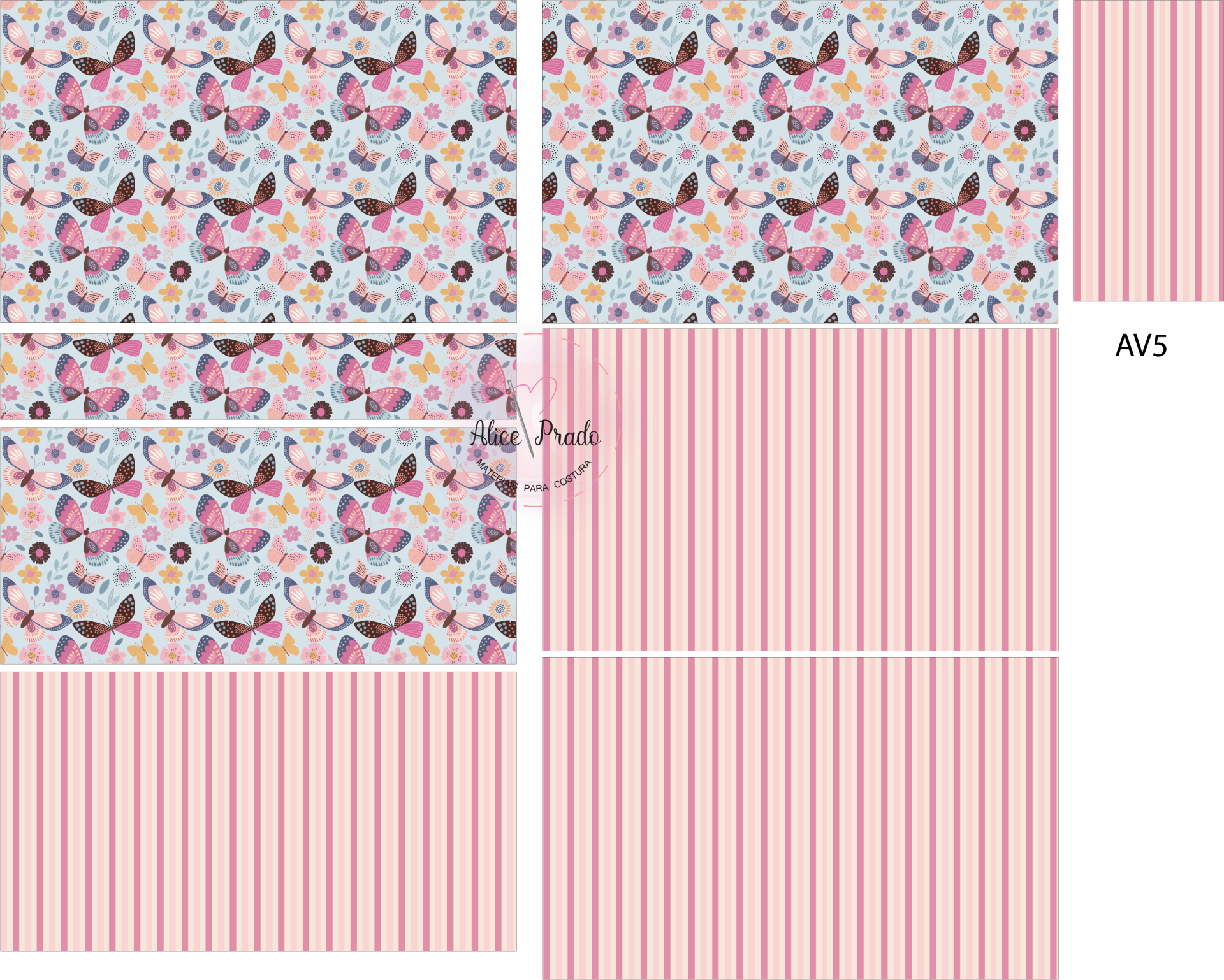 tecidos com padrões de borboletas, flores coloridas e riscas rosas variados