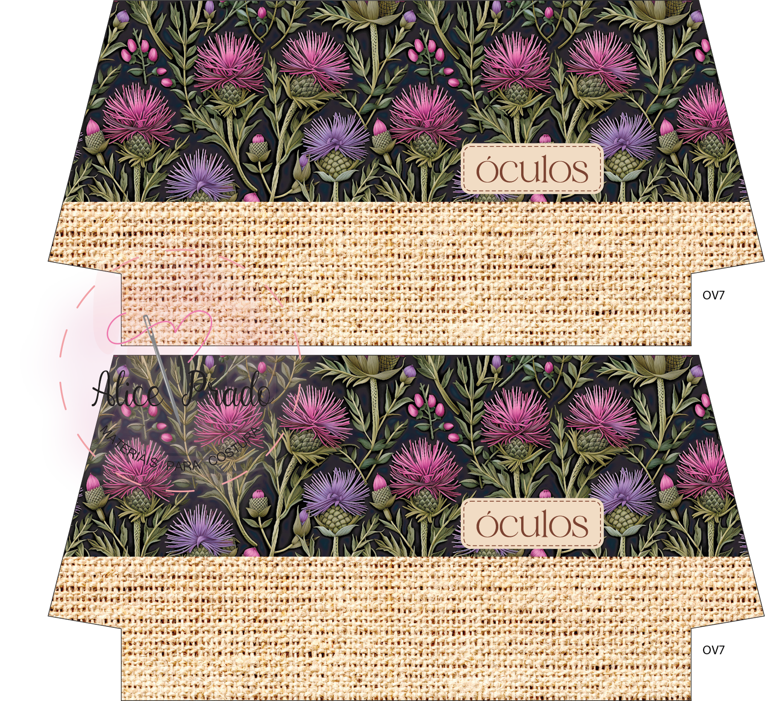 Etiqueta para óculos com padrão floral e textura de juta