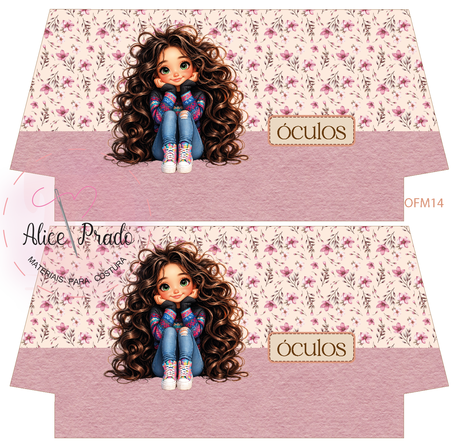 Molde de embalagem de óculos rosa com padrão floral e ilustração de menina com cabelo castanho comprido cacheado