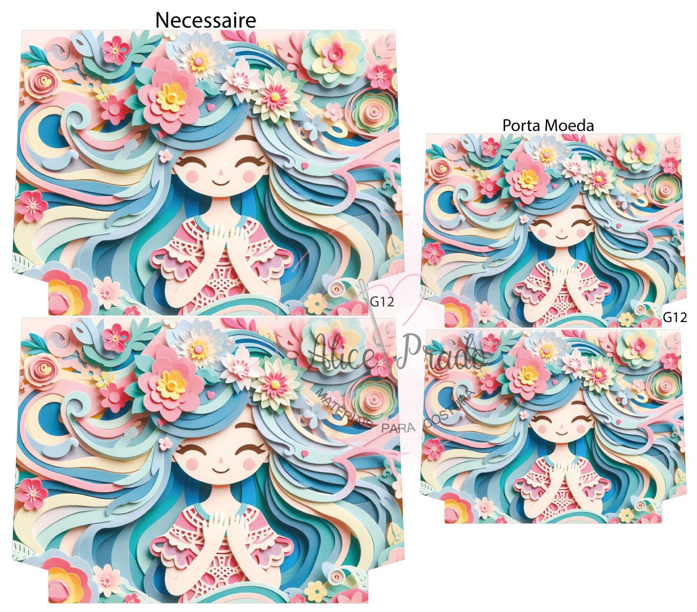 Produtos decorativos com padrão de menina de papel recortado colorido