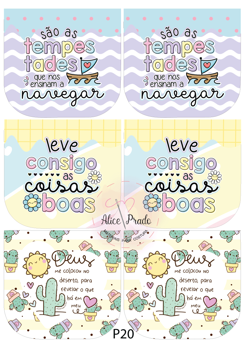 Ilustrações com frases motivacionais, desenhos de barco, flores e cactos em tons pastel e fundos com padrões delicados.