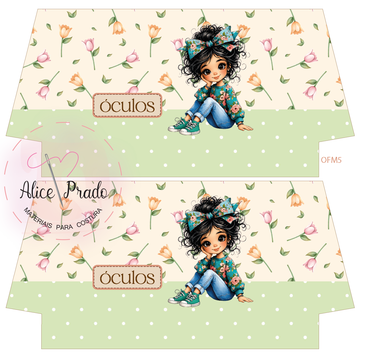 Padrão para tecido com flores, menina desenhada e texto para óculos