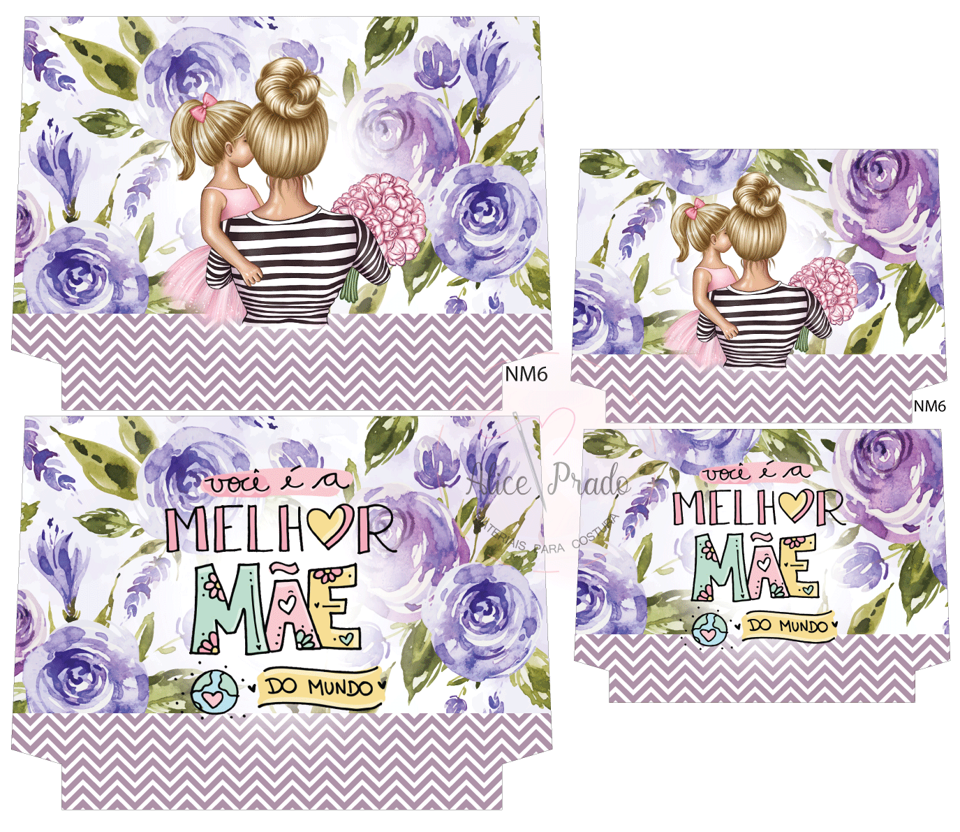 Produtos com ilustração de mãe e filha e texto em fundo floral roxo