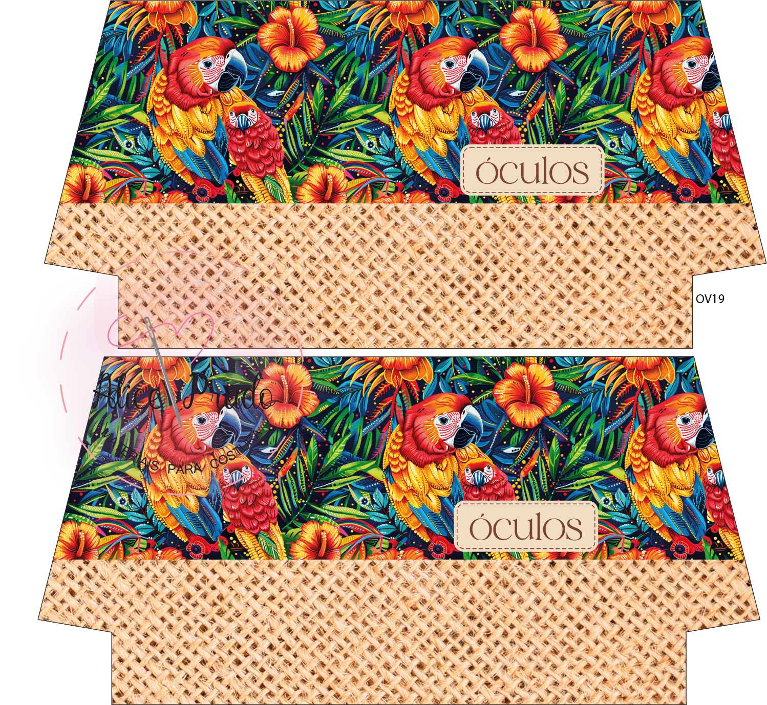 Caixas decoradas com padrão colorido de papagaio e flores para óculos