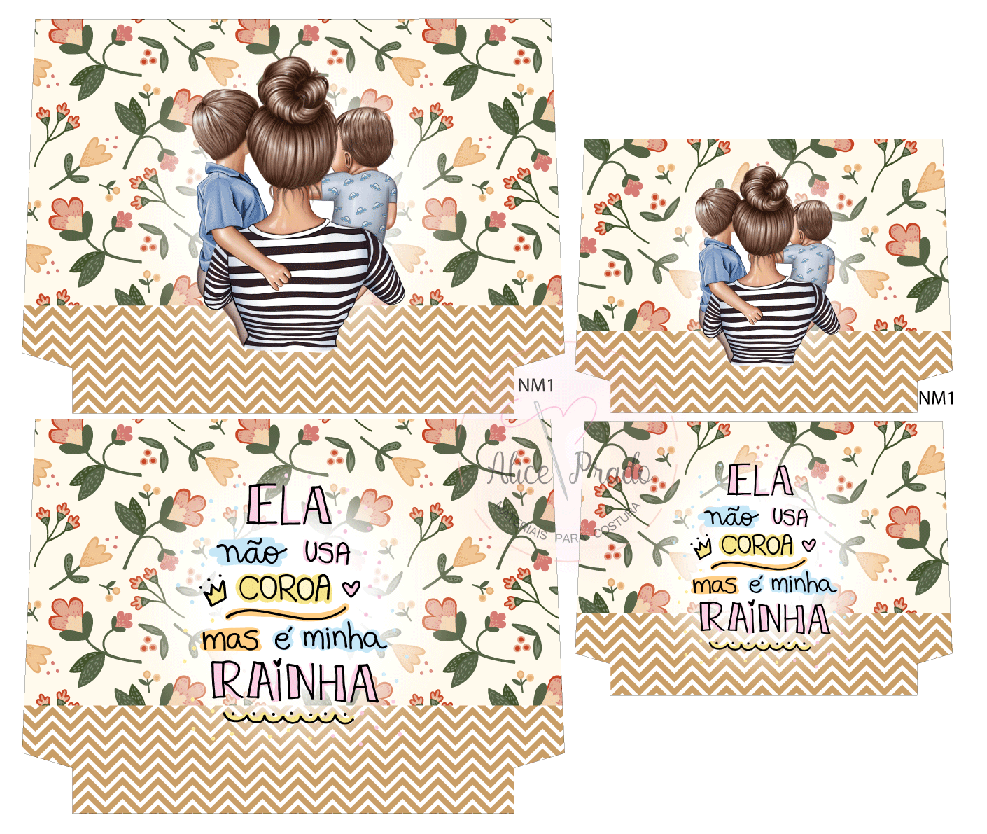 Etiquetas decorativas com ilustração de mãe e filhos e texto em português sobre padrão floral e ziguezague