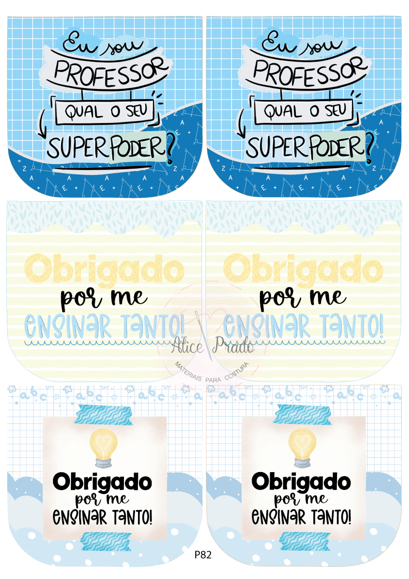 Ímans para professores com frases de agradecimento em azul, amarelo e branco.