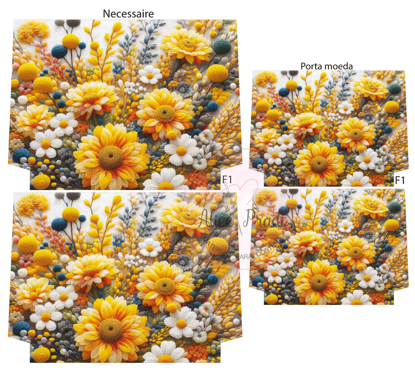 Conjunto com necessaire e porta-moedas com padrão floral amarelo e branco