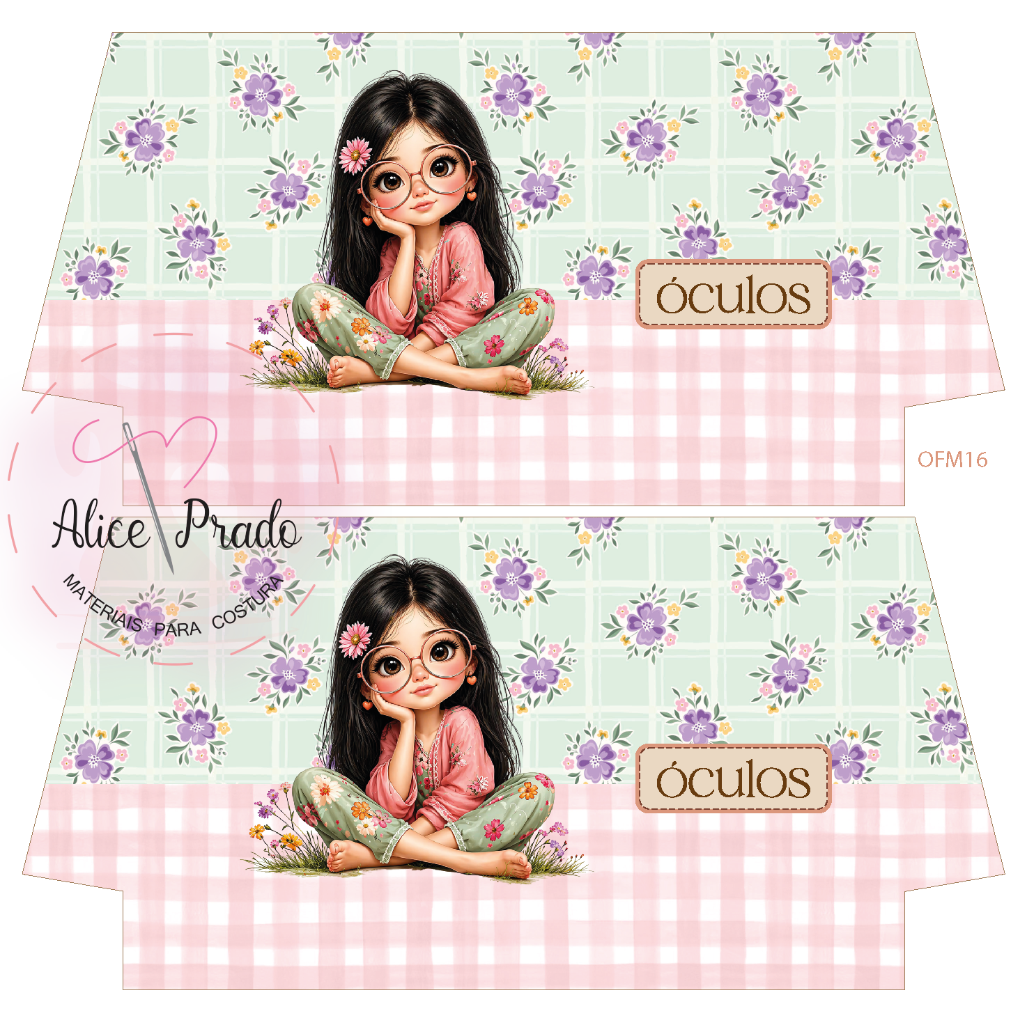 Estampa para caixa de óculos com padrão floral e ilustração de menina com óculos.
