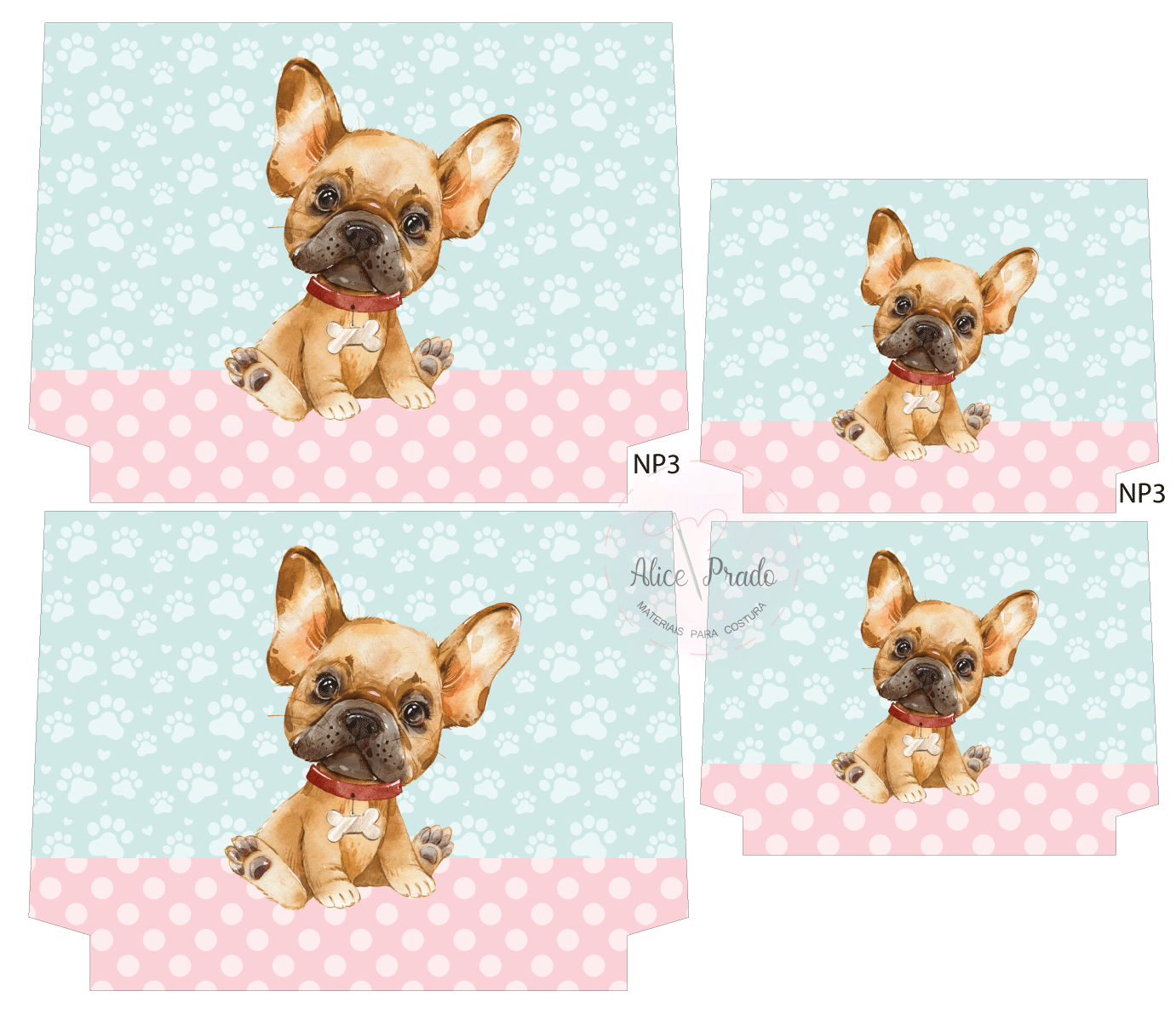 Ilustração de cão bulldog francês com coleira vermelha sobre fundo azul com patas brancas e faixa rosa com bolinhas brancas