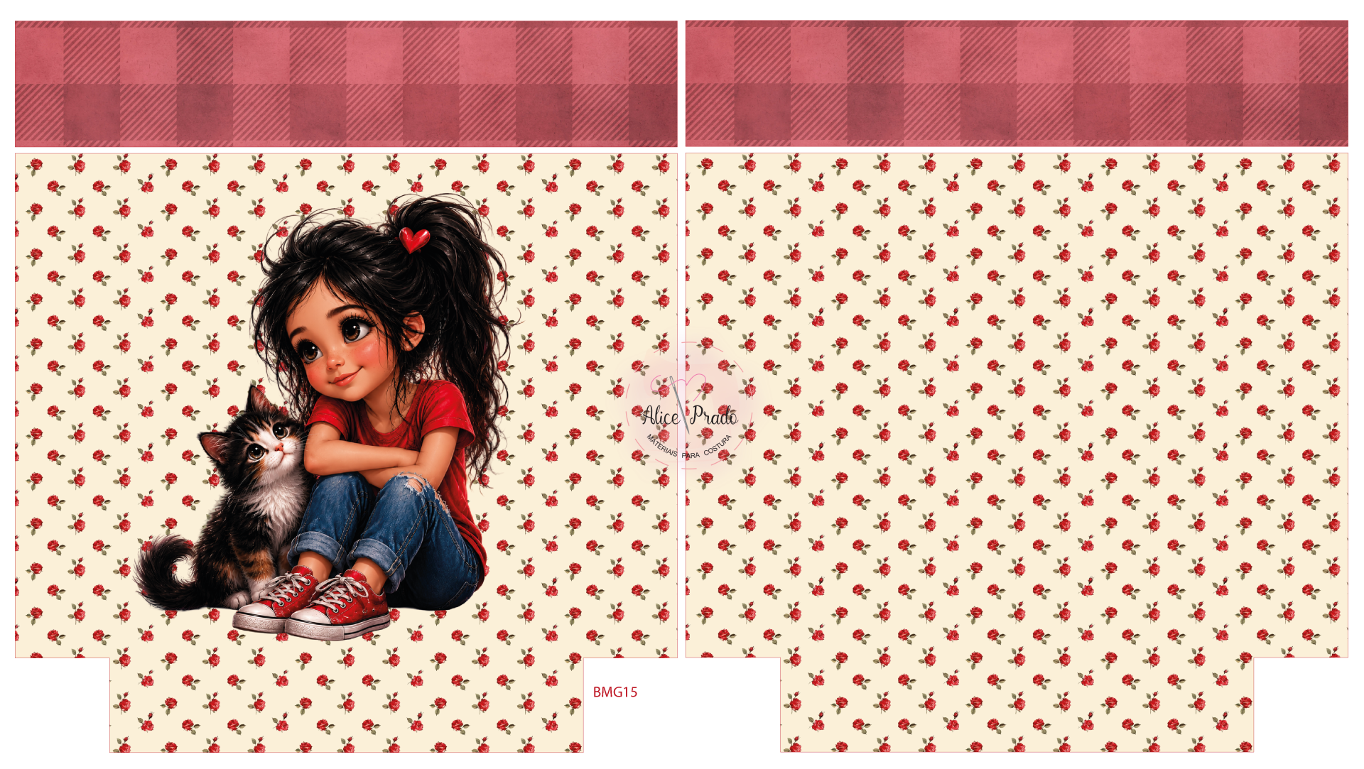 Padrão floral com menina e gato desenhados, fundo quadriculado vermelho e rosa