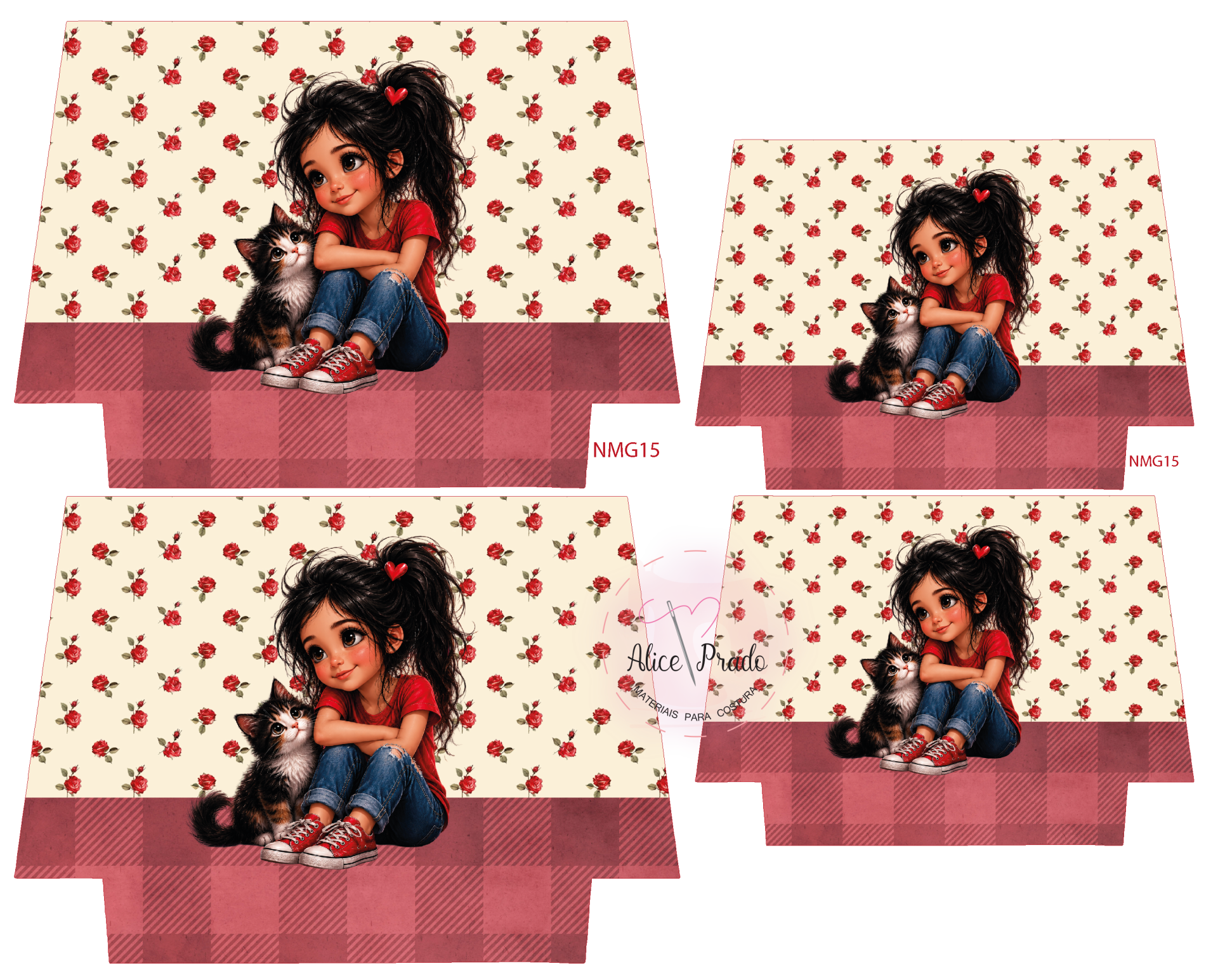 Estampado com rapariga e gato, fundo creme com rosas vermelhas e padrão xadrez vermelho.