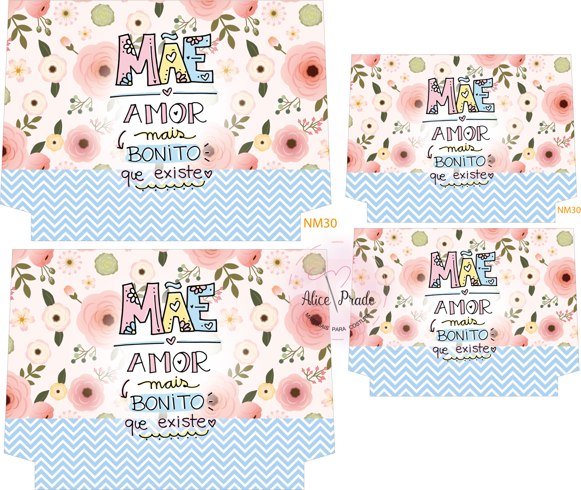 Caixas decorativas com padrão floral e texto para mãe