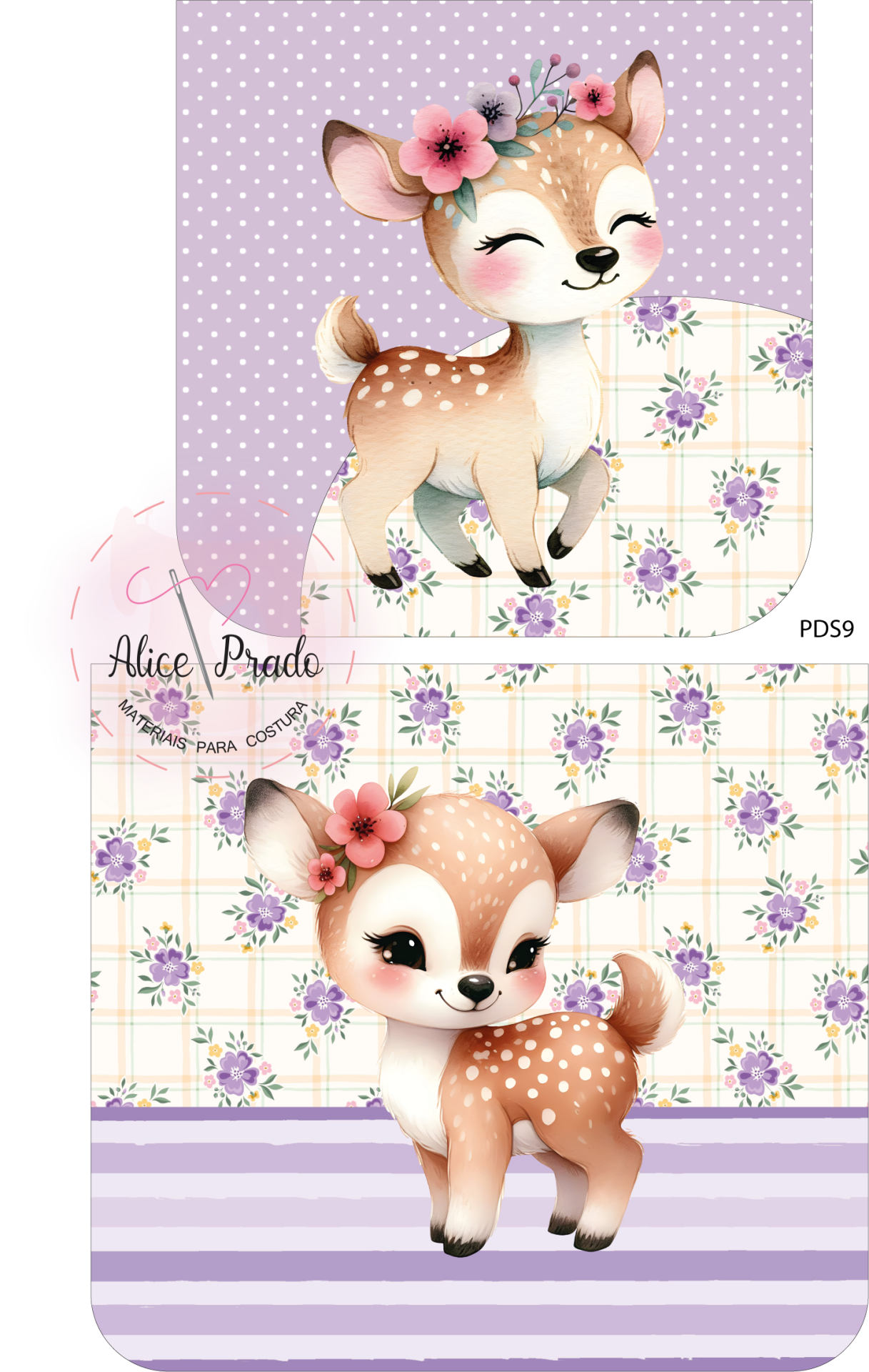 Design de tecido com veado bebé e padrão floral e riscas lilás