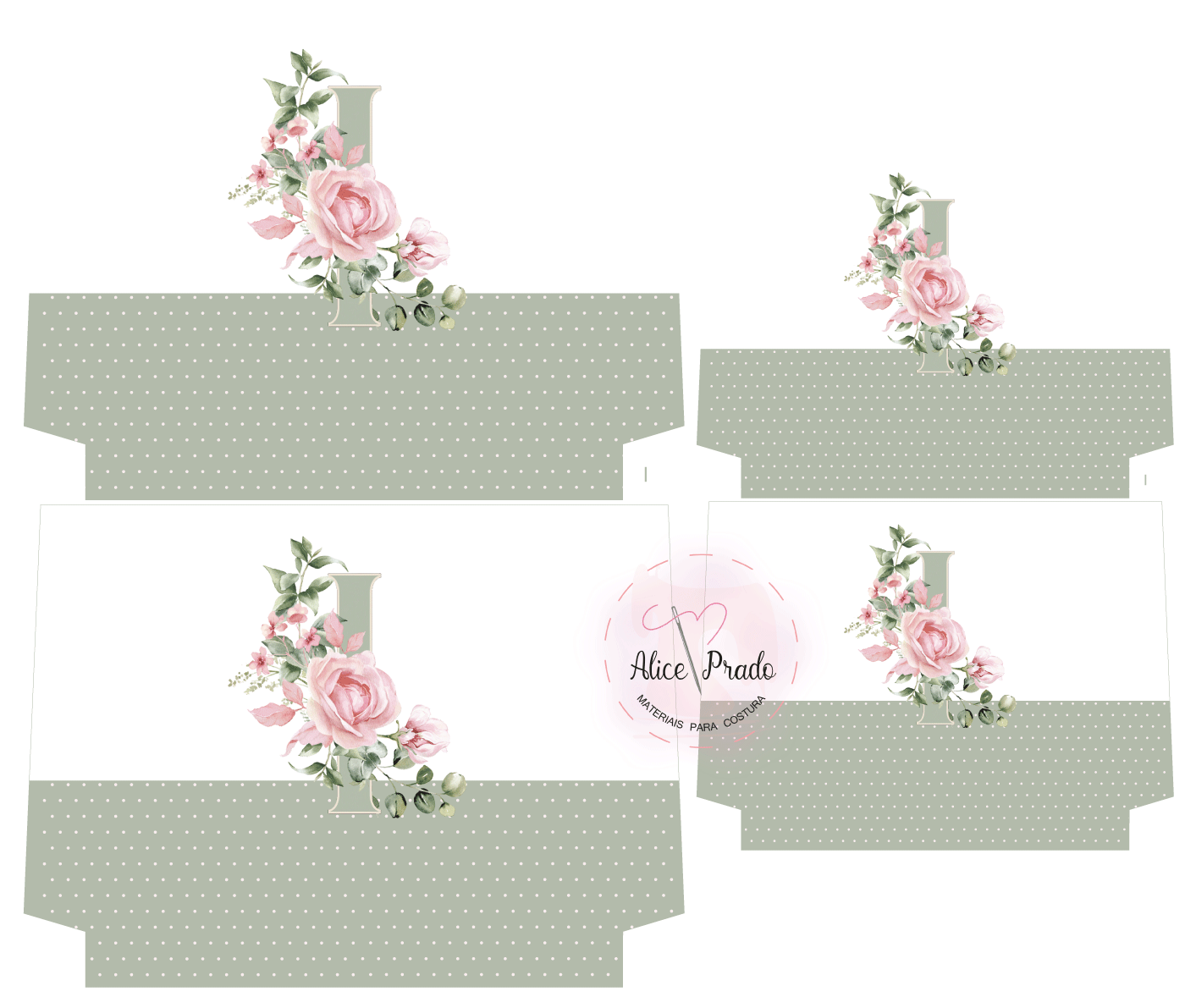 Moldes de caixas decoradas com flores e padrão de pontos brancos.