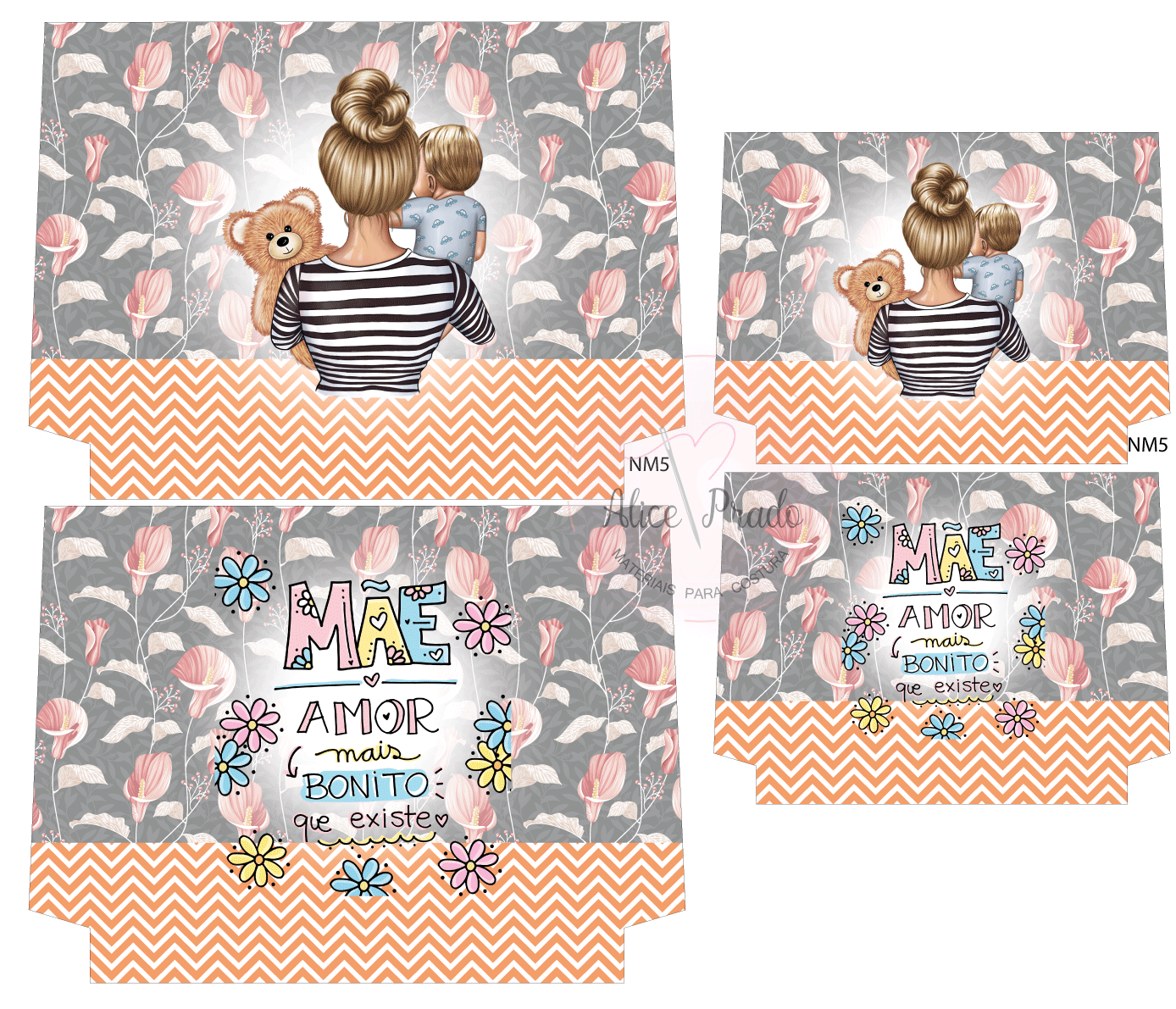 Ilustração de mulher com bebé, ursinho, flores e texto em fundo com folhas cinza e padrão laranja