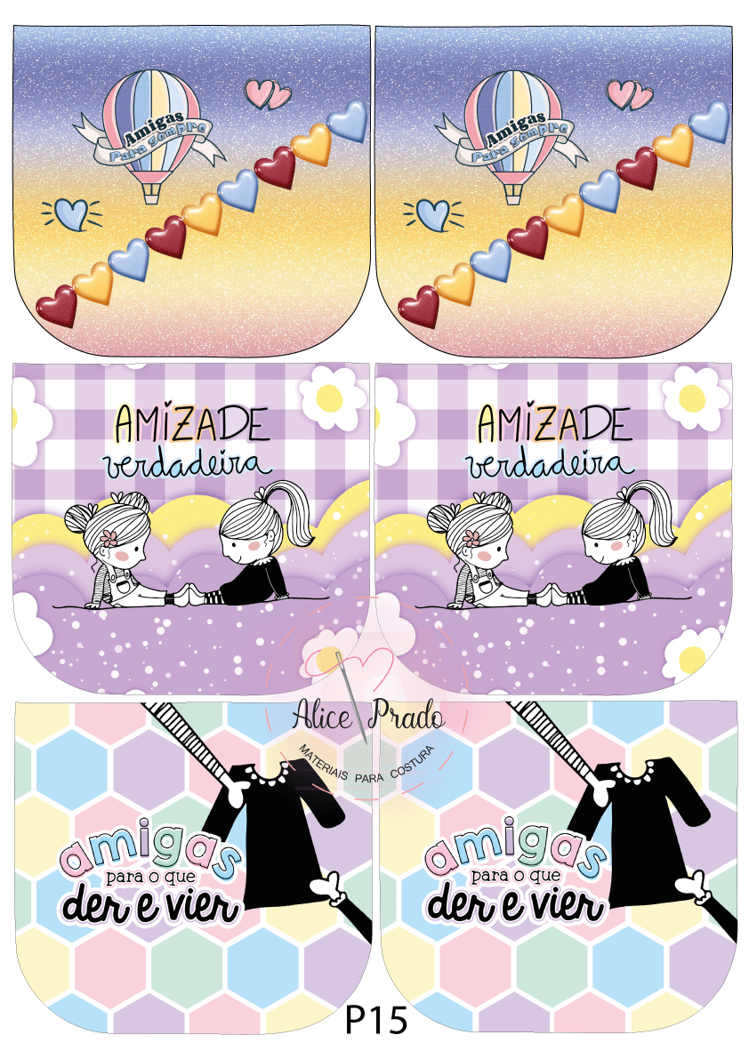 Três pares de meias coloridas com temas de amizade e corações