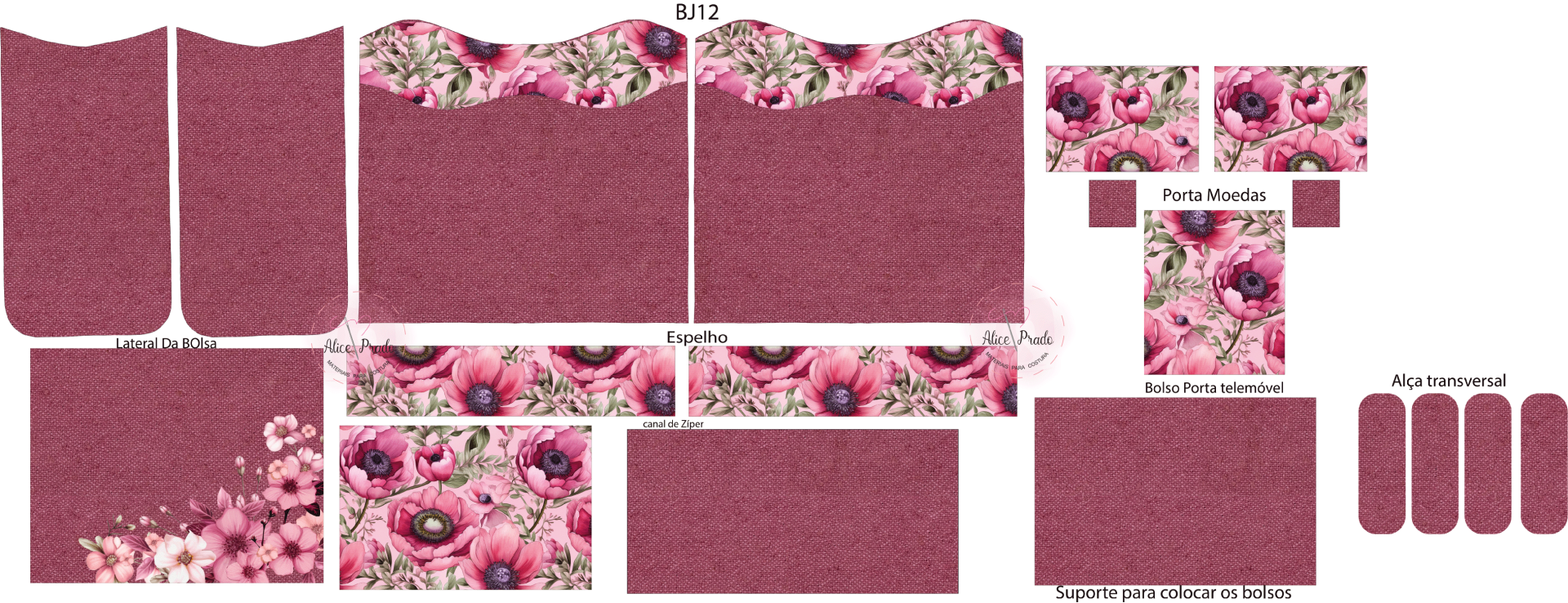 Pedaços de tecido em rosa com padrões florais e sólidos, com textos identificadores