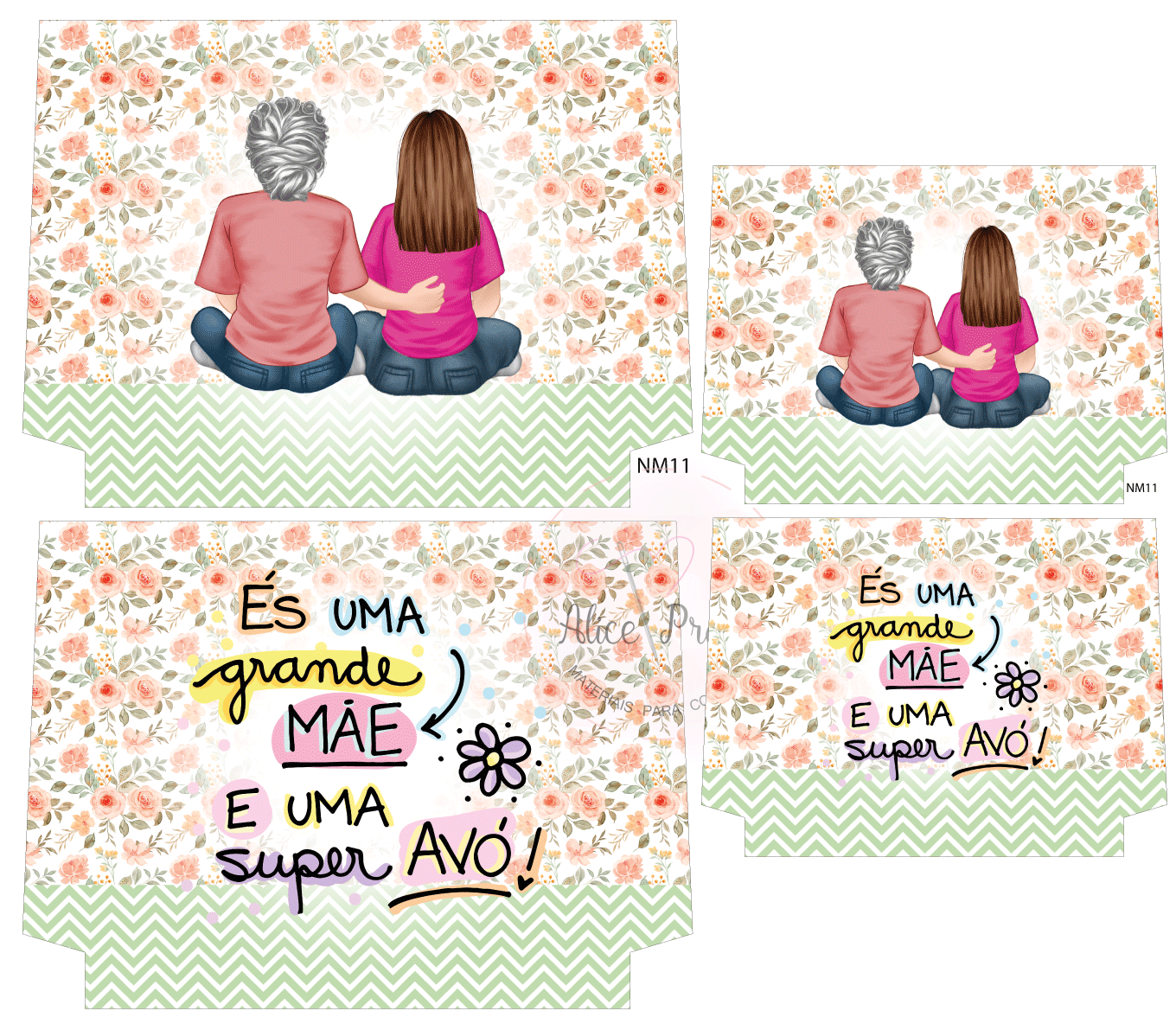 Cartão decorativo com ilustração de duas pessoas sentadas e texto em português sobre mãe e avó