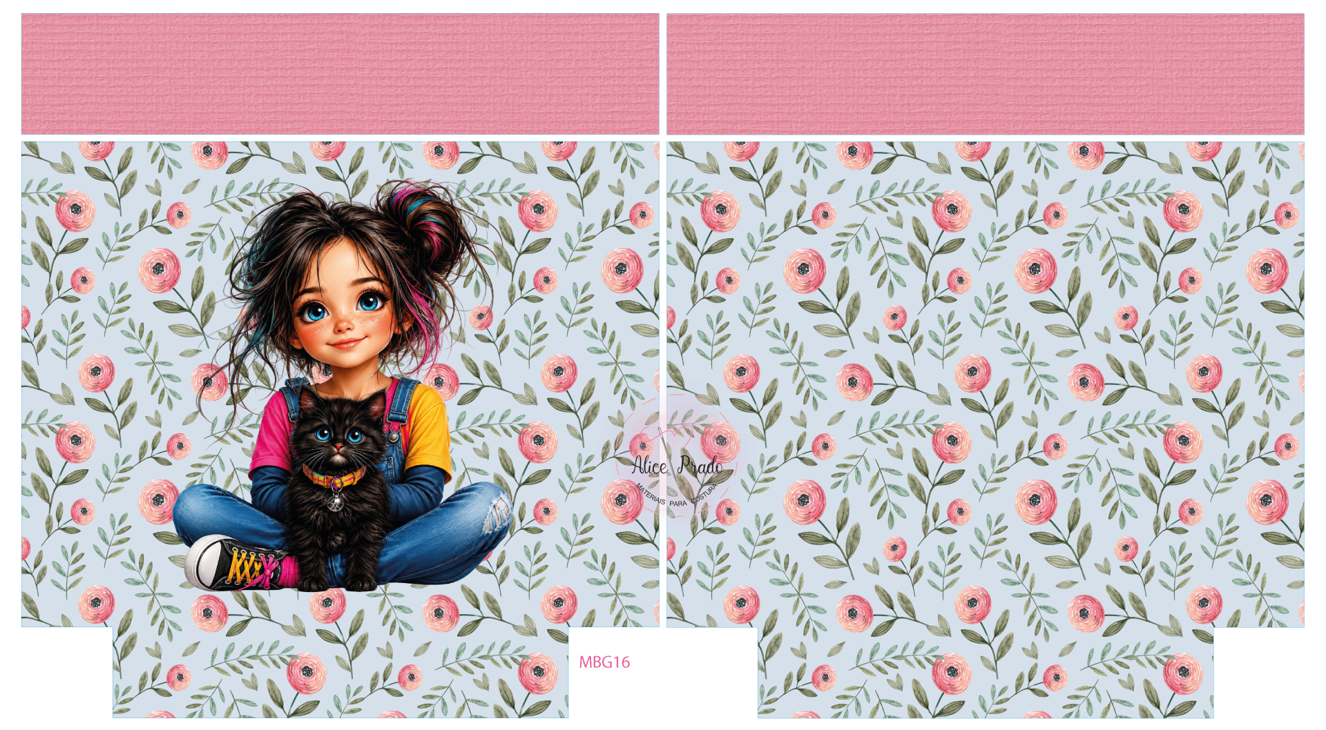 Ilustração colorida de rapariga com gato preto e fundo floral azul