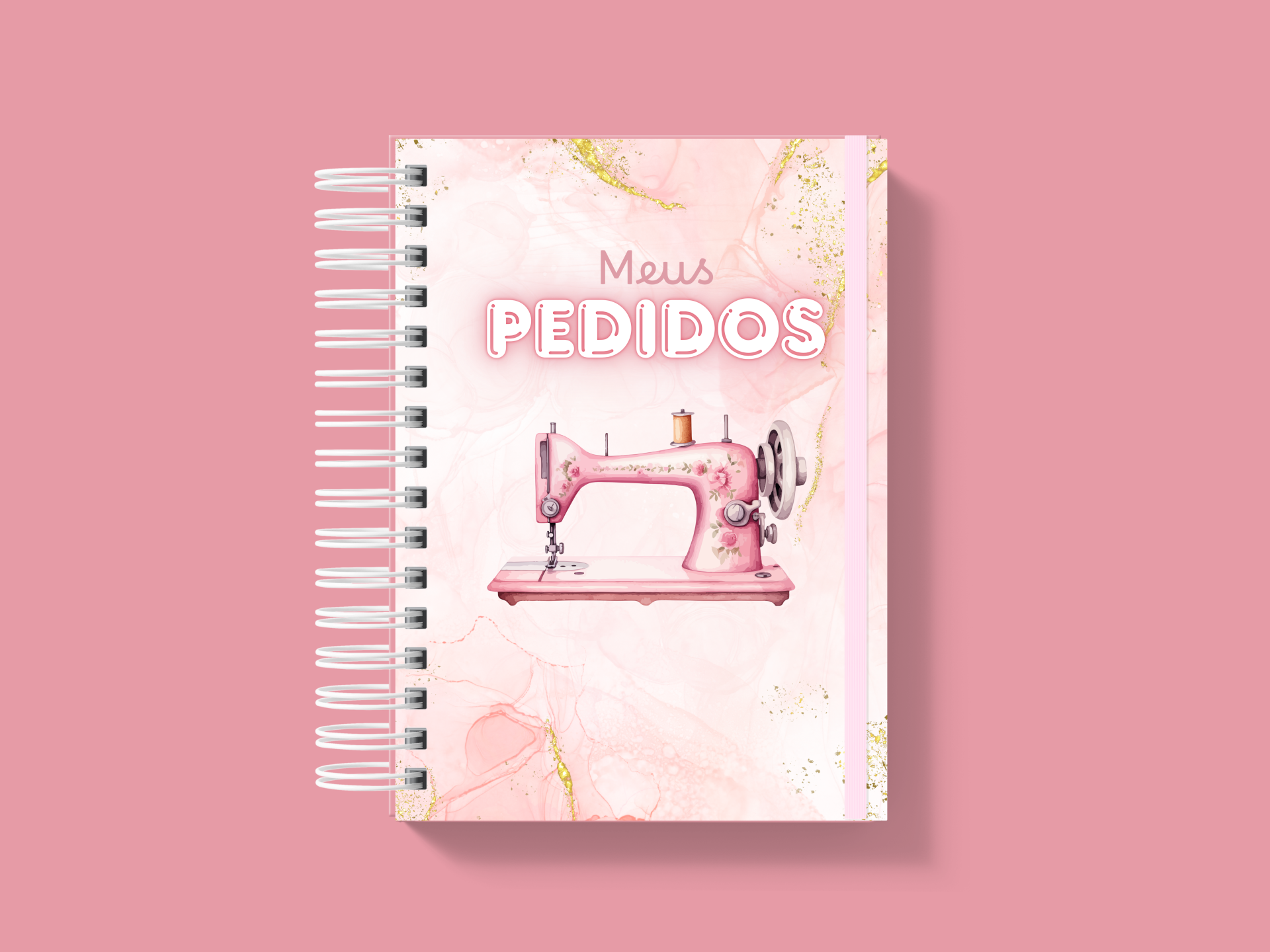 Caderno rosa com ilustração de máquina de costura e texto Meus PEDIDOS