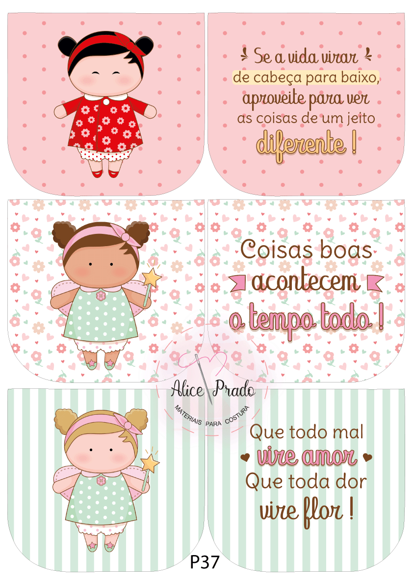 Conjuntos de cartões decorativos com bonecas e mensagens em português, fundo com padrões variados.