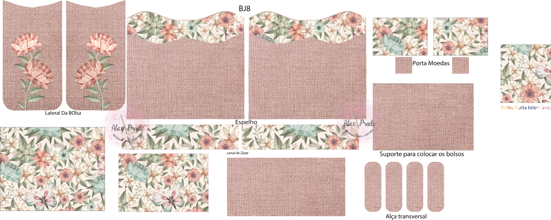 Padrões para bolsa com flores rosas, folhas verdes e fundo rosa claro com texto de instruções.