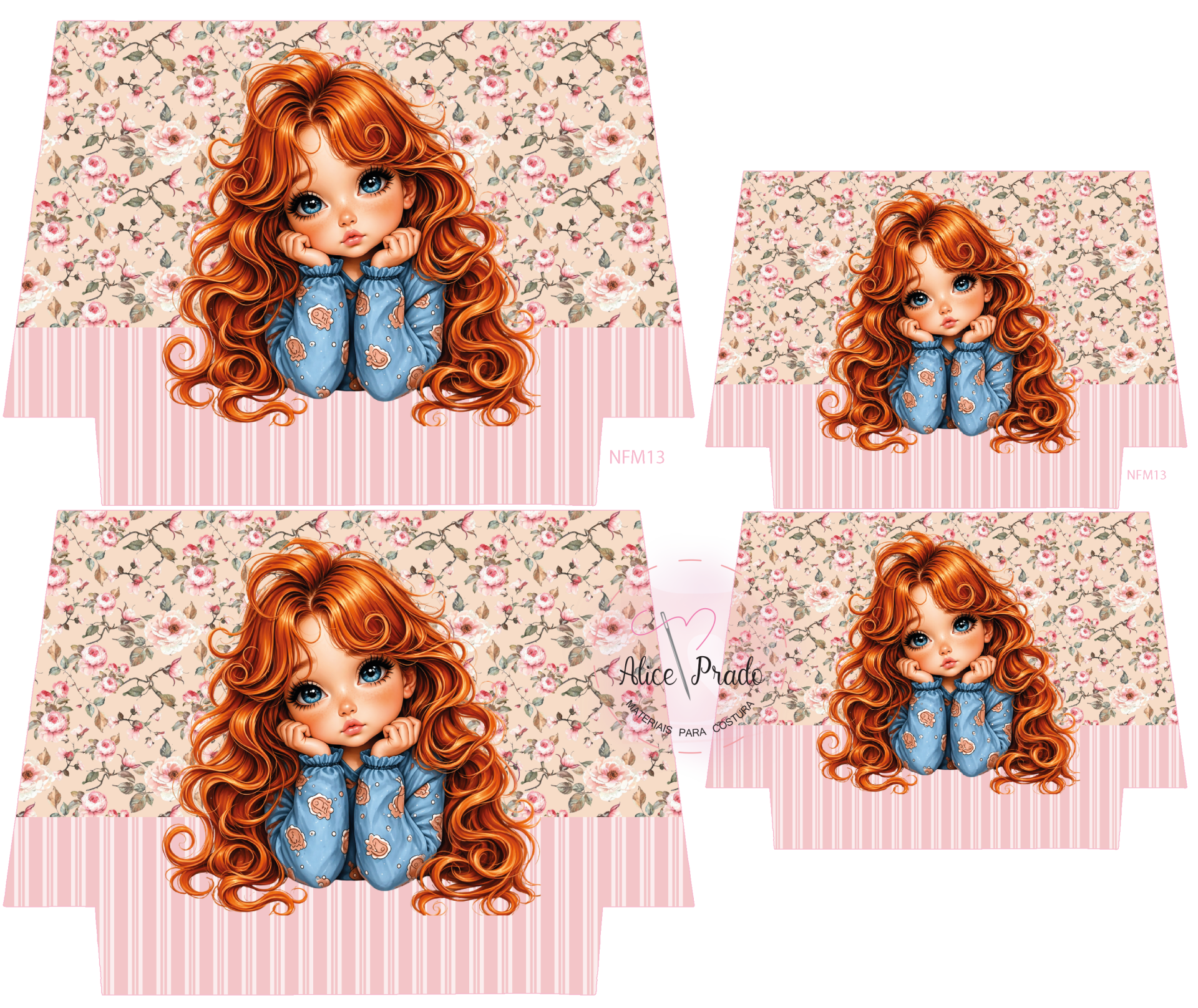 Tecido estampado com menina ruiva, flores e riscas rosa