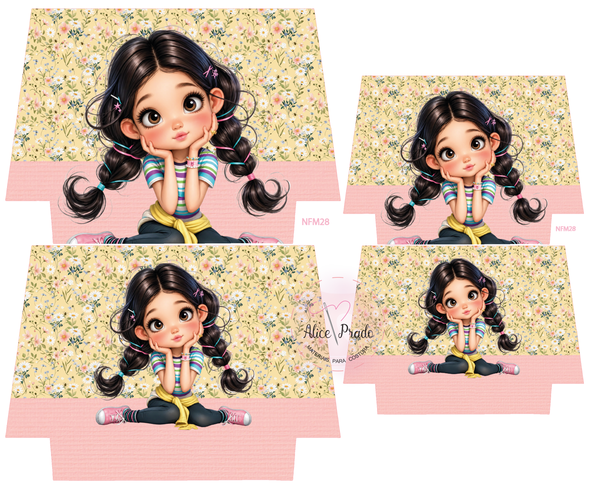 Papel decorativo com ilustração de menina de cabelos castanhos em tranças e fundo floral
