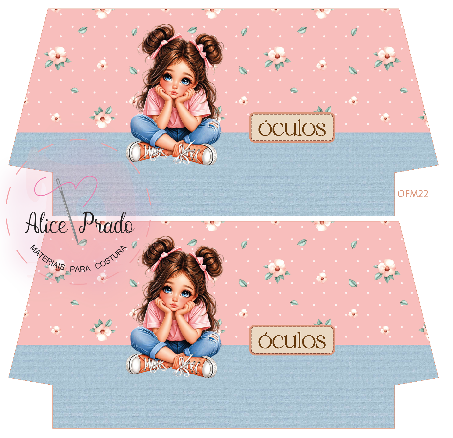Caixa decorativa para óculos com ilustração de menina sentada em fundo rosa com flores