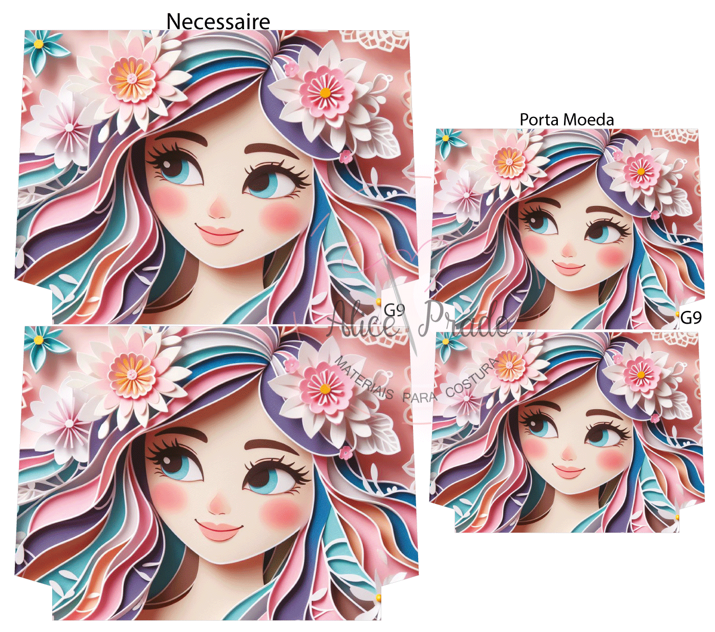 Produtos com ilustração de rapariga colorida e flores grandes cor de rosa