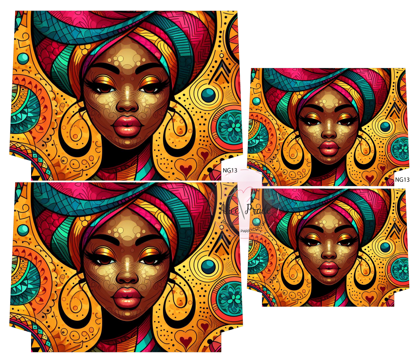 Ilustração colorida de mulher africana com turbante e fundo laranja com padrões