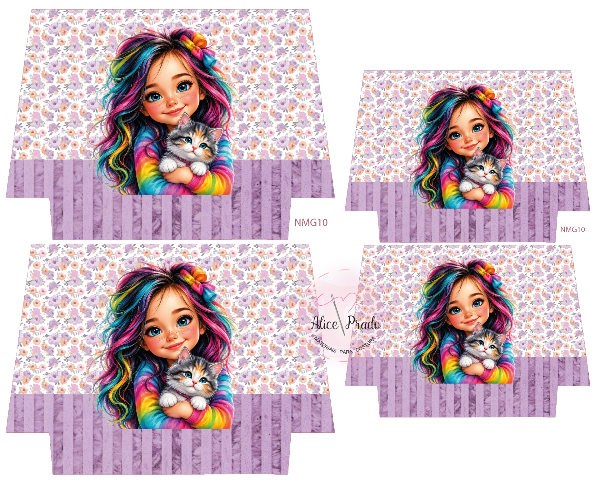 Caixa com ilustração de menina de cabelo colorido segurando gato sobre fundo floral lilás.