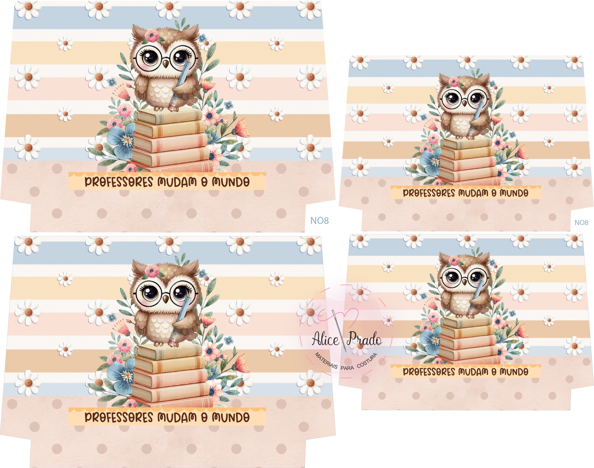 Sacolas com estampa de coruja, livros e texto para professores.
