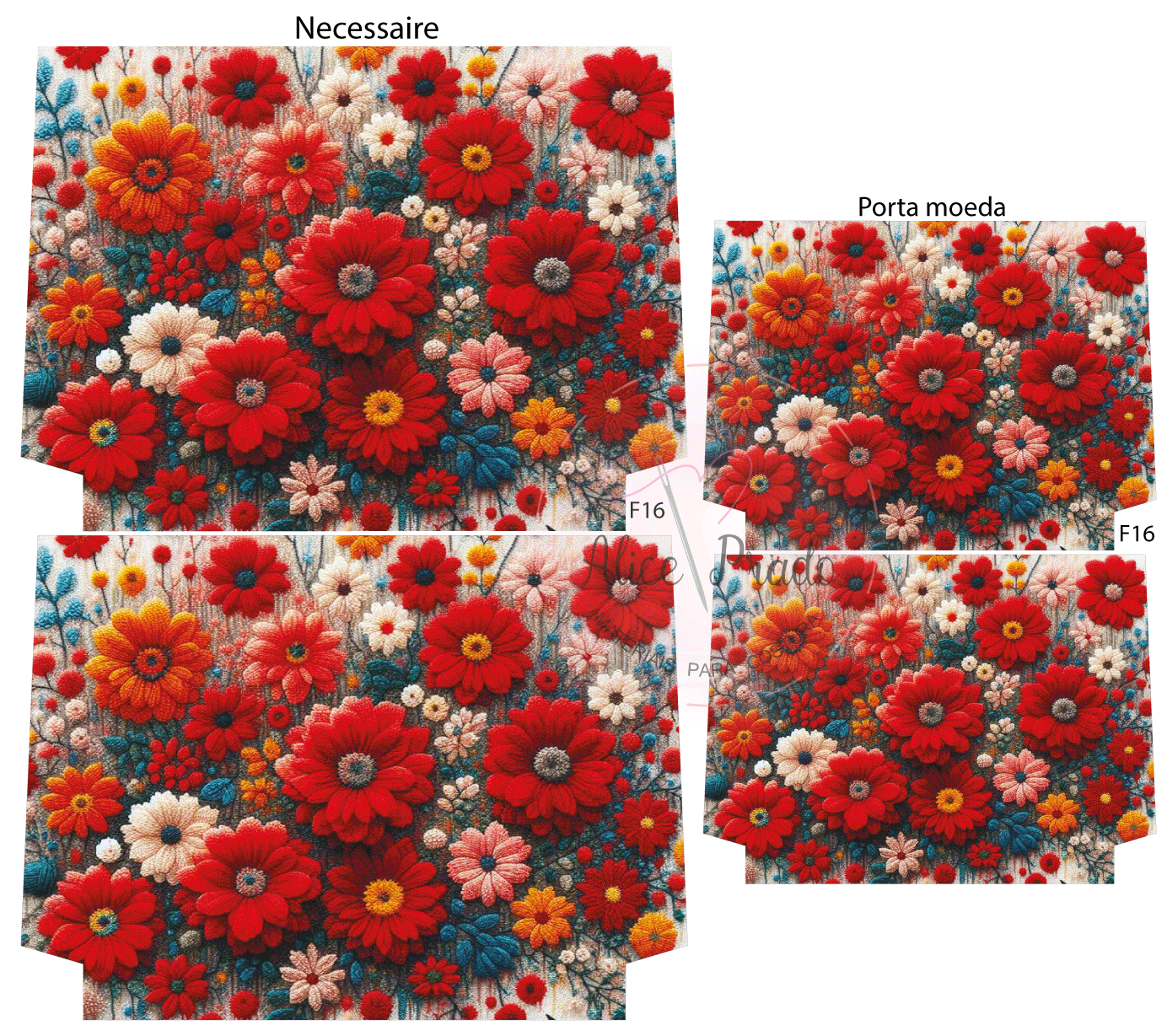 Necessaire e porta-moeda com padrão floral vermelho, laranja e branco