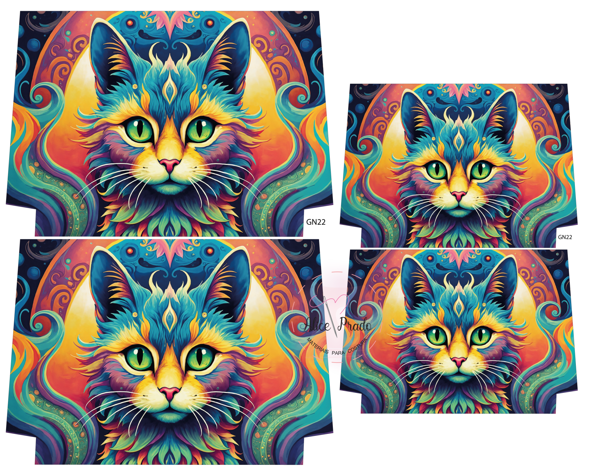 Impressão digital de rosto de gato colorido em tecido com código GN22