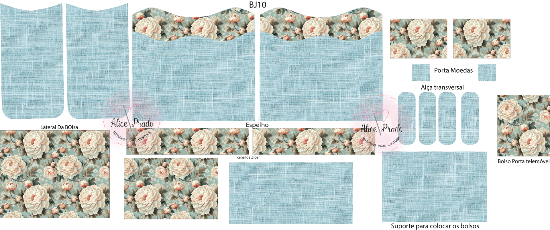 Peças tesselares para costura com padrões florais e textura azul clara, com textos em português