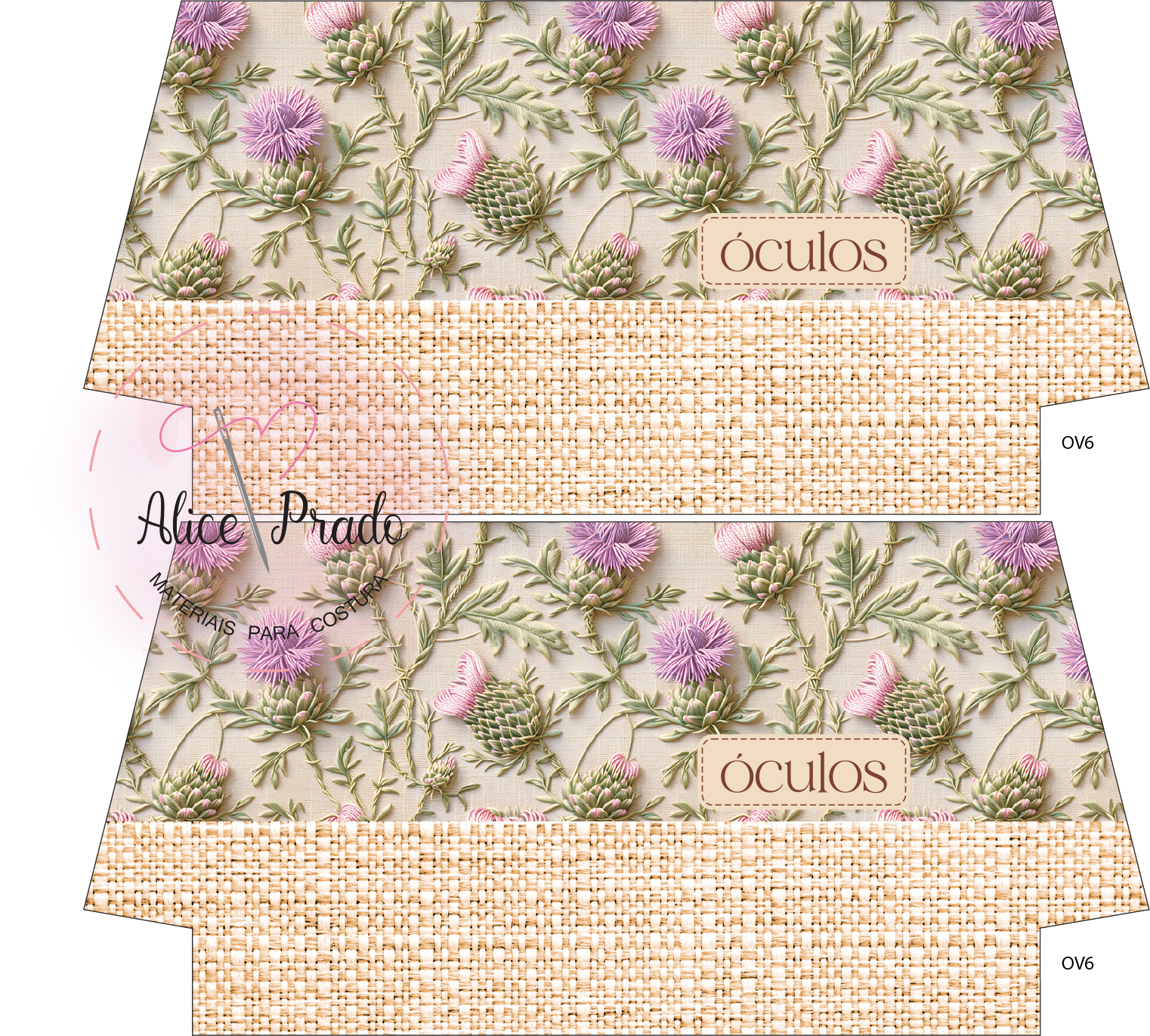 rótulos para embalagem com padrão floral lilás e textura bege com texto óculos