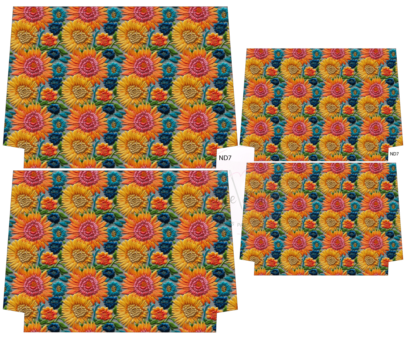 Folhas recortadas para embalagem com padrão floral colorido e etiqueta ND7